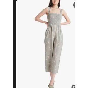 Black Tape Soft Sage Blossom Tape Printed Smocked Wide-leg Jumpsuit Sz S NWT